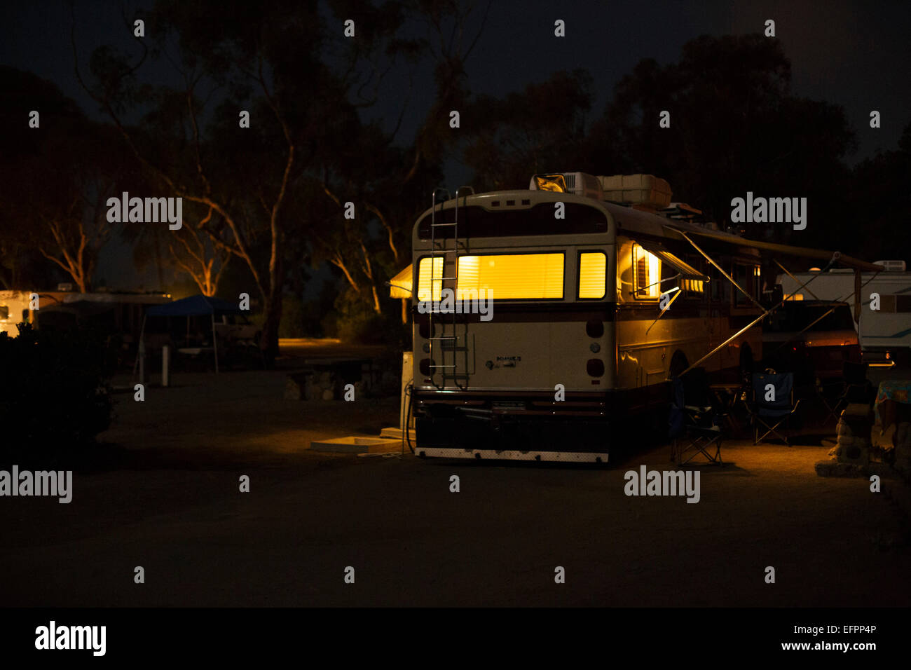 Recreational vehicle on campsite at night, San Clemente, California, USA Stock Photo