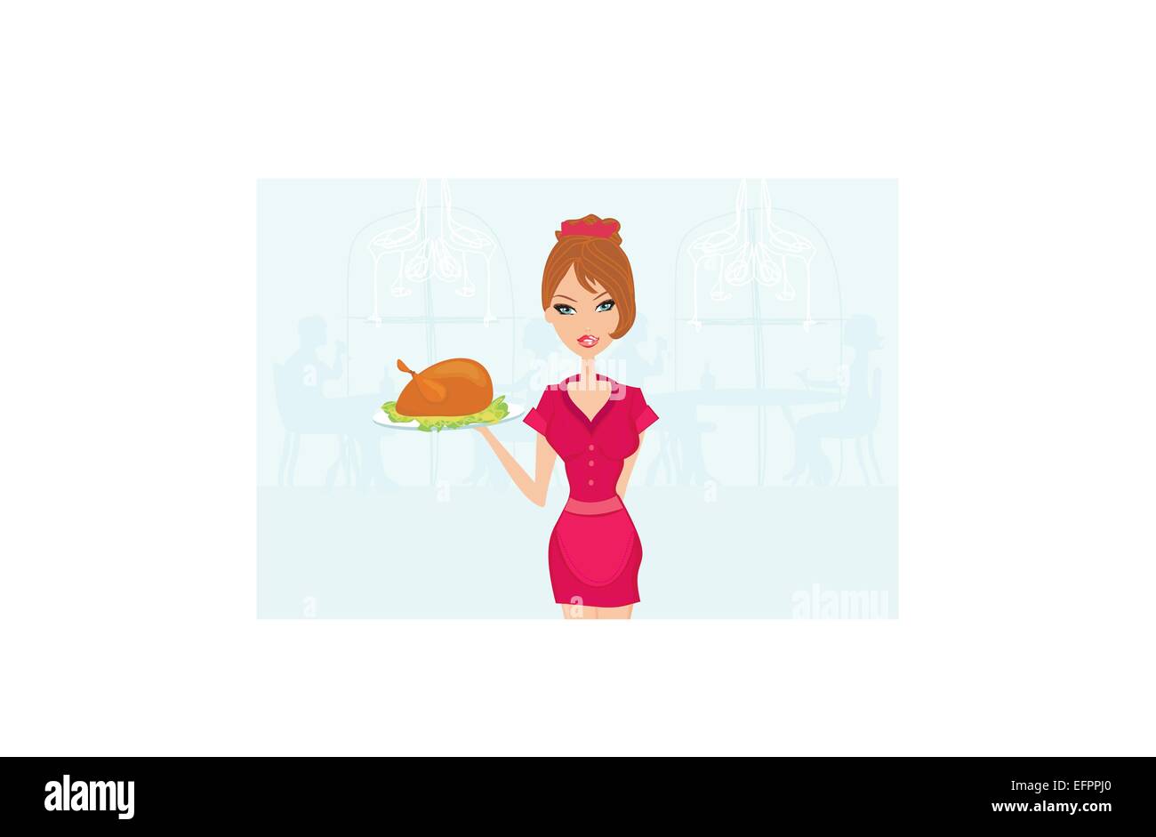 Beautiful Waitress serving a turkey in restaurant Stock Vector