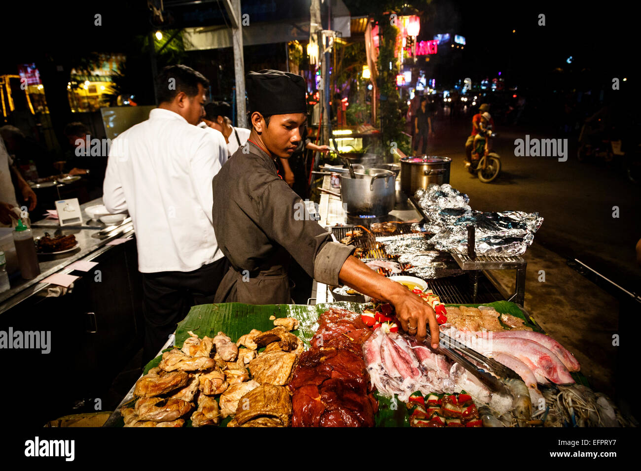 Food stall at the Pub Street, Siem Reap, Cambodia. Stock Photo