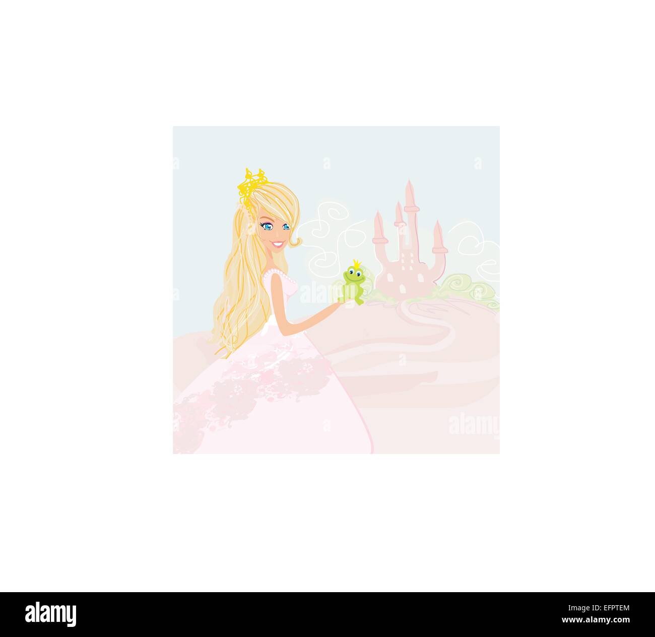 Beautiful young princess holding a big green frog Stock Vector