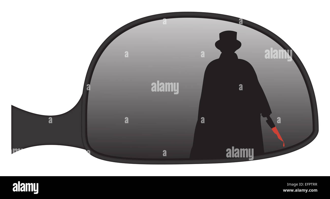 Jack the Ripper in a car side mirror isolated on a white background Stock Photo