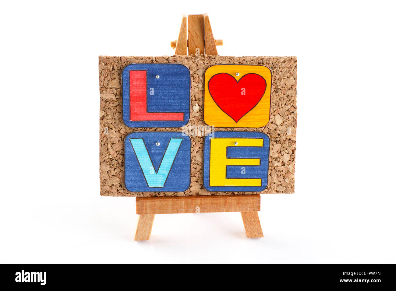 Wooden easel with cork board and word Love isolated on white background