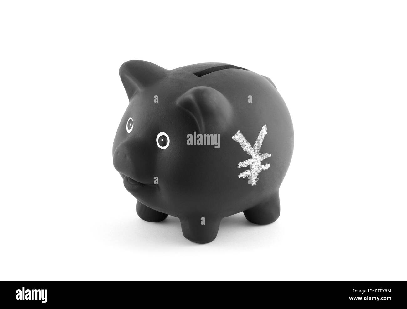 Black piggy bank with yen sign. Clipping path included. Stock Photo