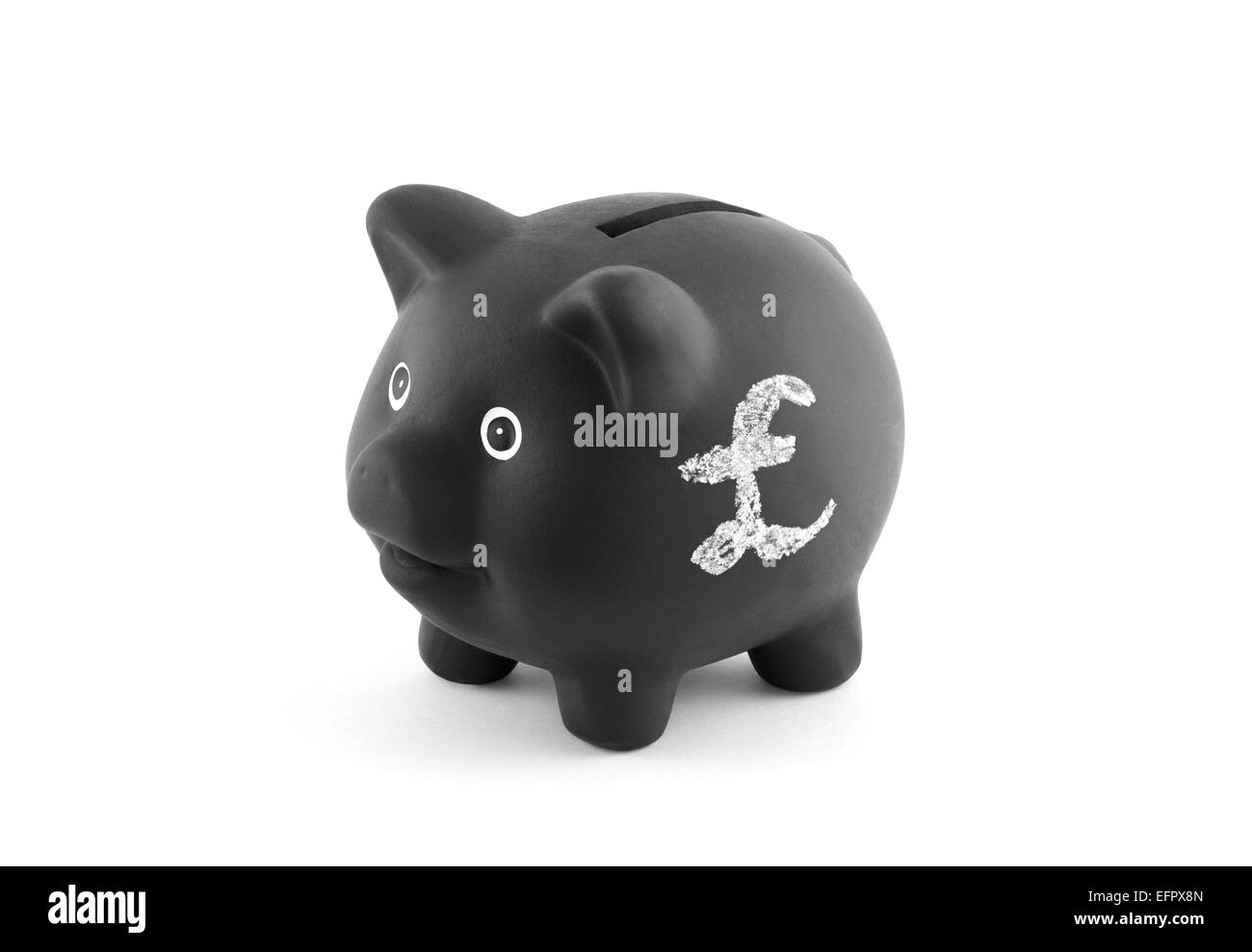 Black piggy bank with pound sign. Clipping path included. Stock Photo