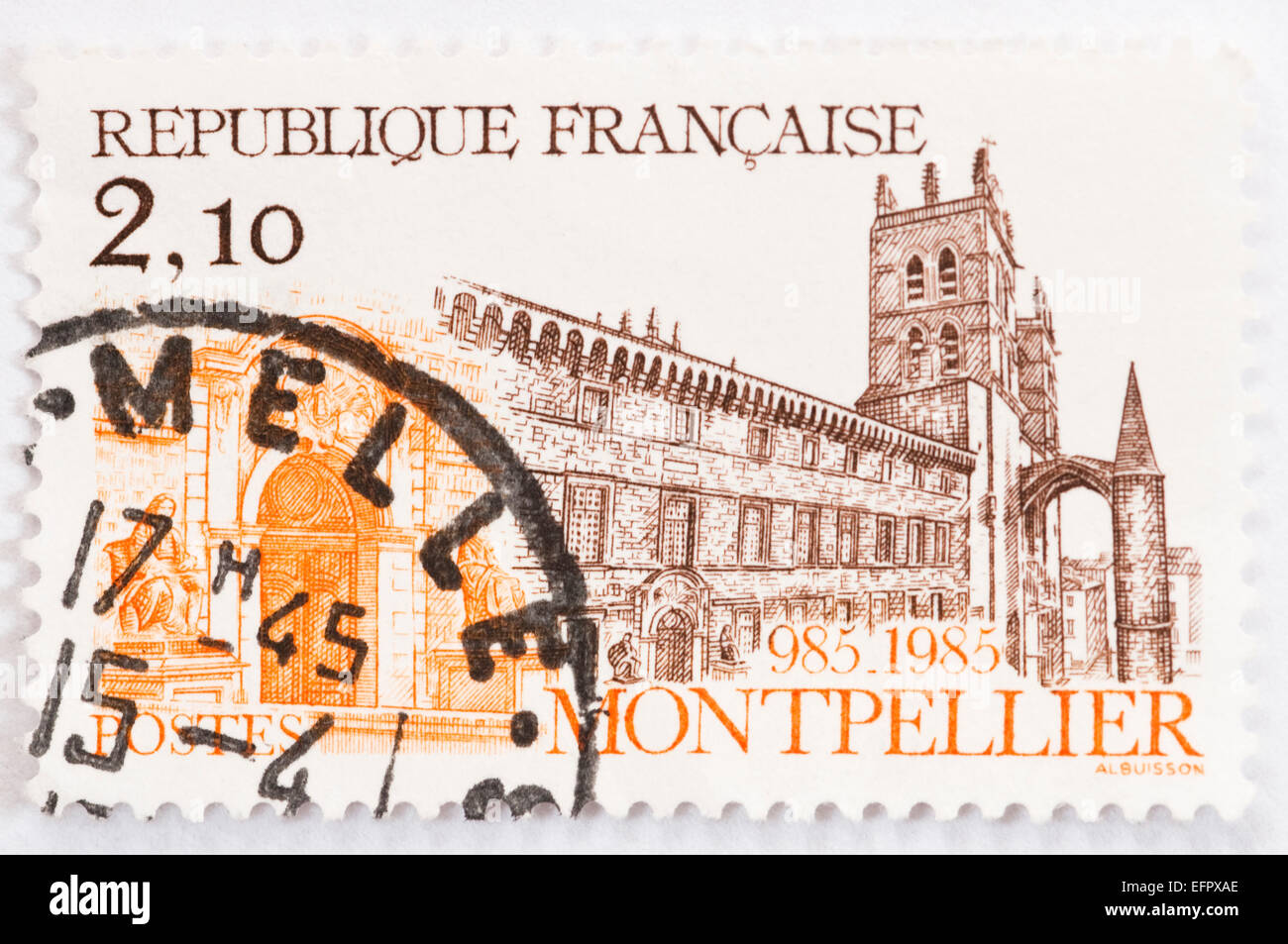 Canceled French stamp with a drawing of monument located in the city of Montpellier. Stock Photo