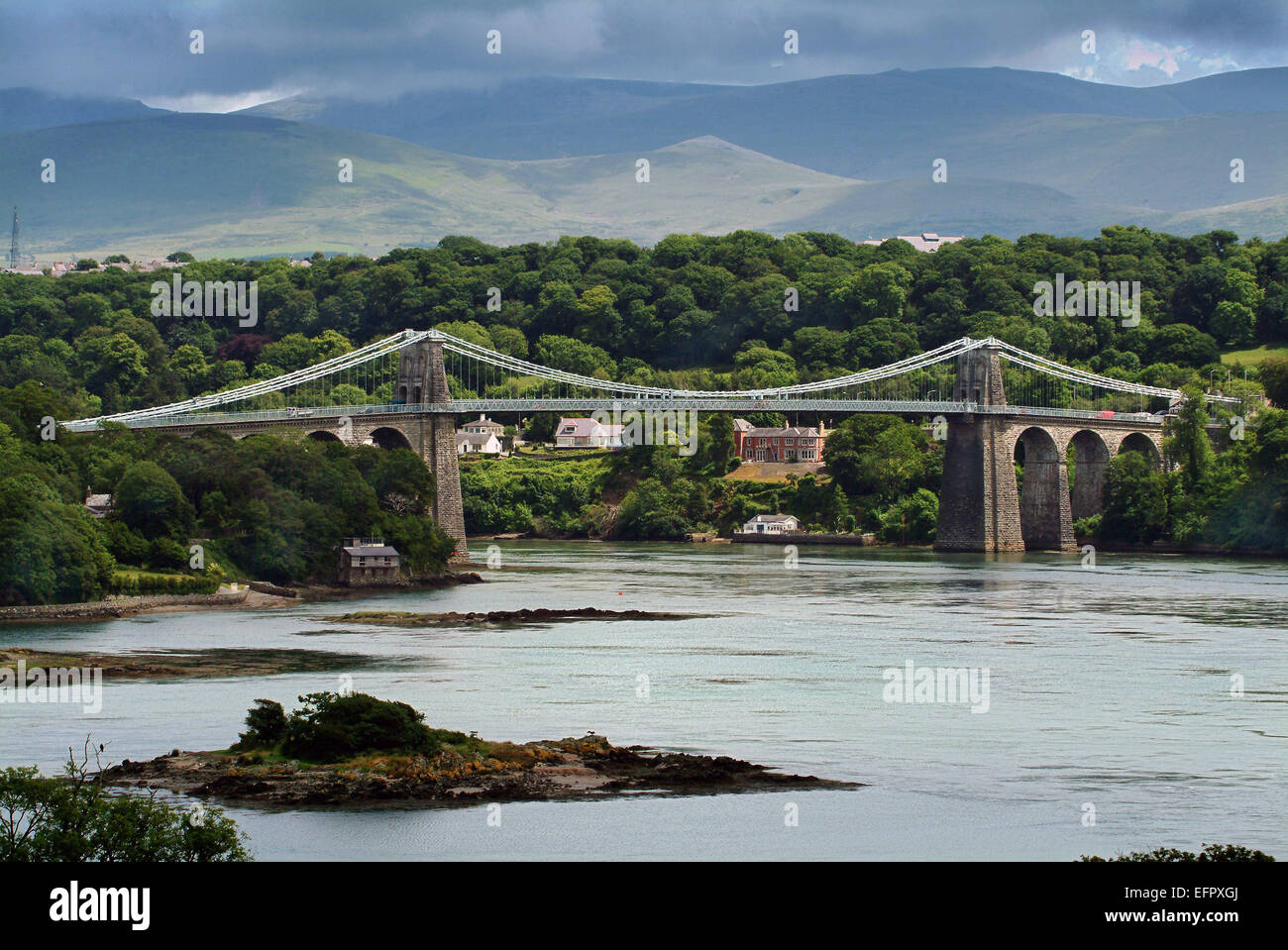 The Menai Suspension Bridge spanning the Menai Strait from Wales to