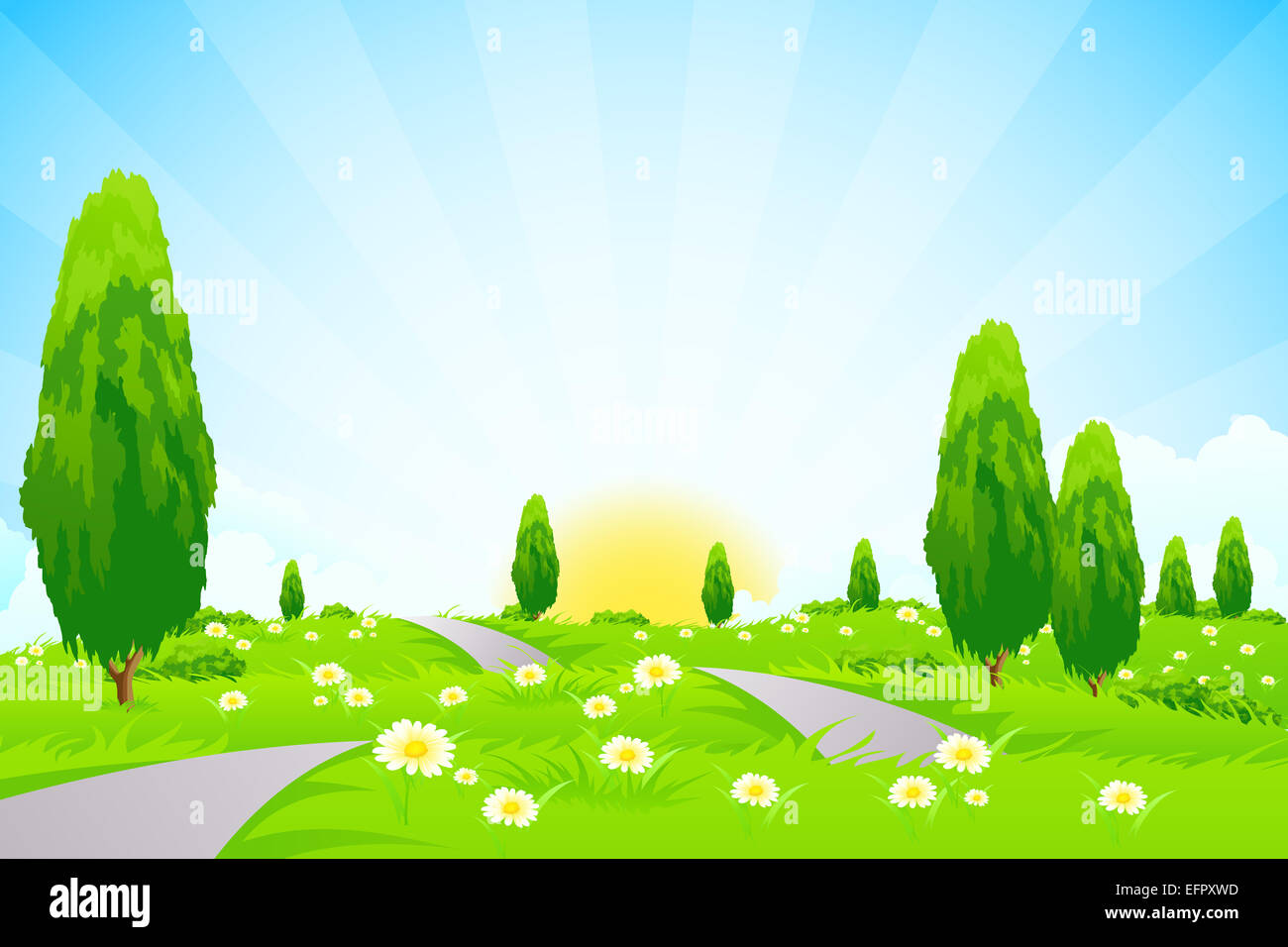 Green Landscape with trees clouds flowers and Road Stock Photo - Alamy