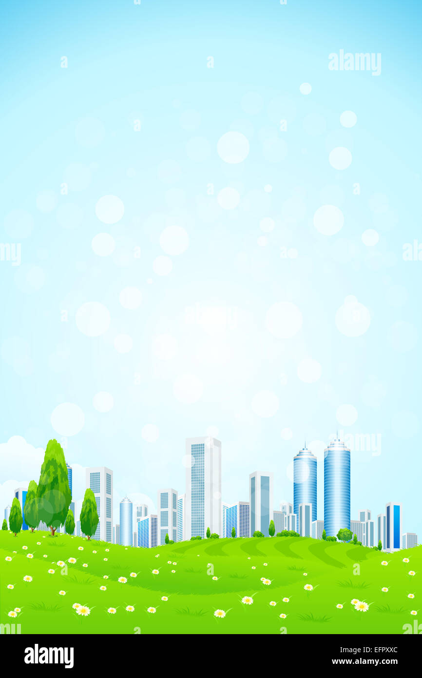 Green landscape with Trees, City and Clouds Stock Photo - Alamy