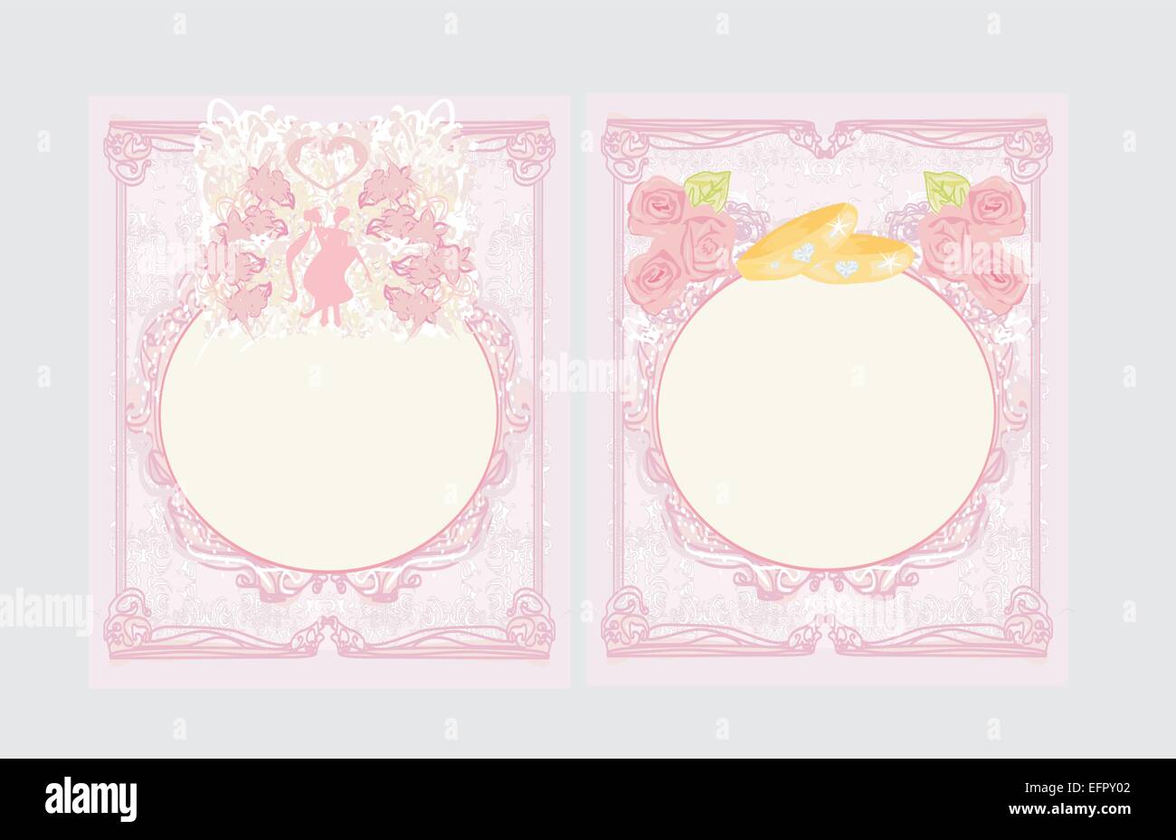 floral wedding Invitation card with wedding couple silhouette and rings ...