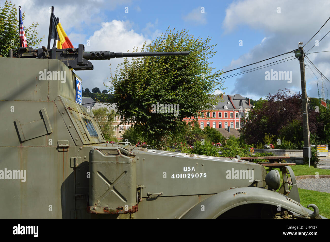 Detail of a Halftrack, a WW2 Memorial of the 30th Infantry Division - near the bridge of Stavelot, Belgium Stock Photo