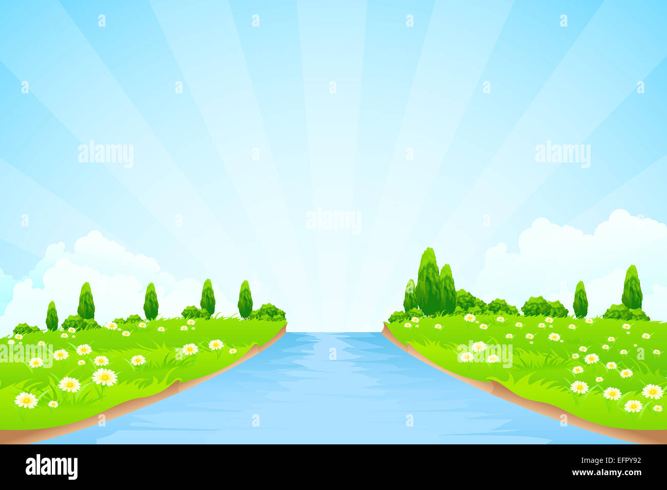 Green Landscape with trees clouds flowers and river Stock Photo - Alamy