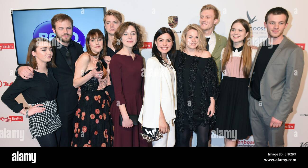 European Shooting Stars 2015 Maisie Williams (England, l-r), Moe Dunford (Ireland), Natalia de Molina (Spainn), Sven Schelker (Switzerlland), Aiste Dirzyte (Lithuania), Abbey Hoes (Netherlands), Emmi Parviainen (Finland), Joachim Fjelstrup (Denmark), Hera Hilmar (Iceland) and Jannis Niewoehner (Germany)  poses during the reception of the Media board  event at the  65th International Berlin Film Festival in Berlin, Germany, on 7 February 2015. The Berlinale runs from 05 February to 15 February 2015. Photo: Felix Hoerhager/dpa Stock Photo
