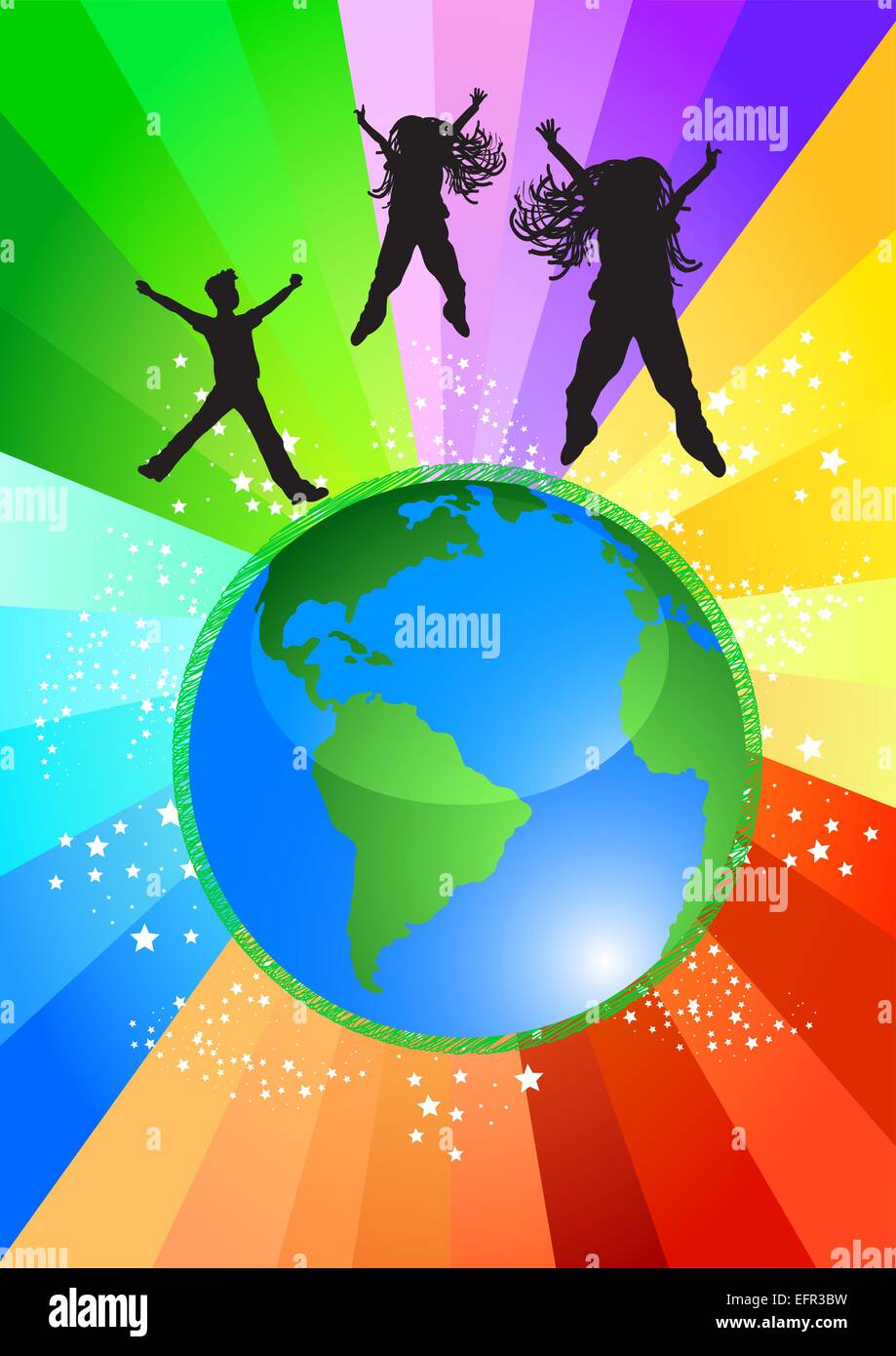 Happy kids dancing on top of the world, vector illustration Stock Vector