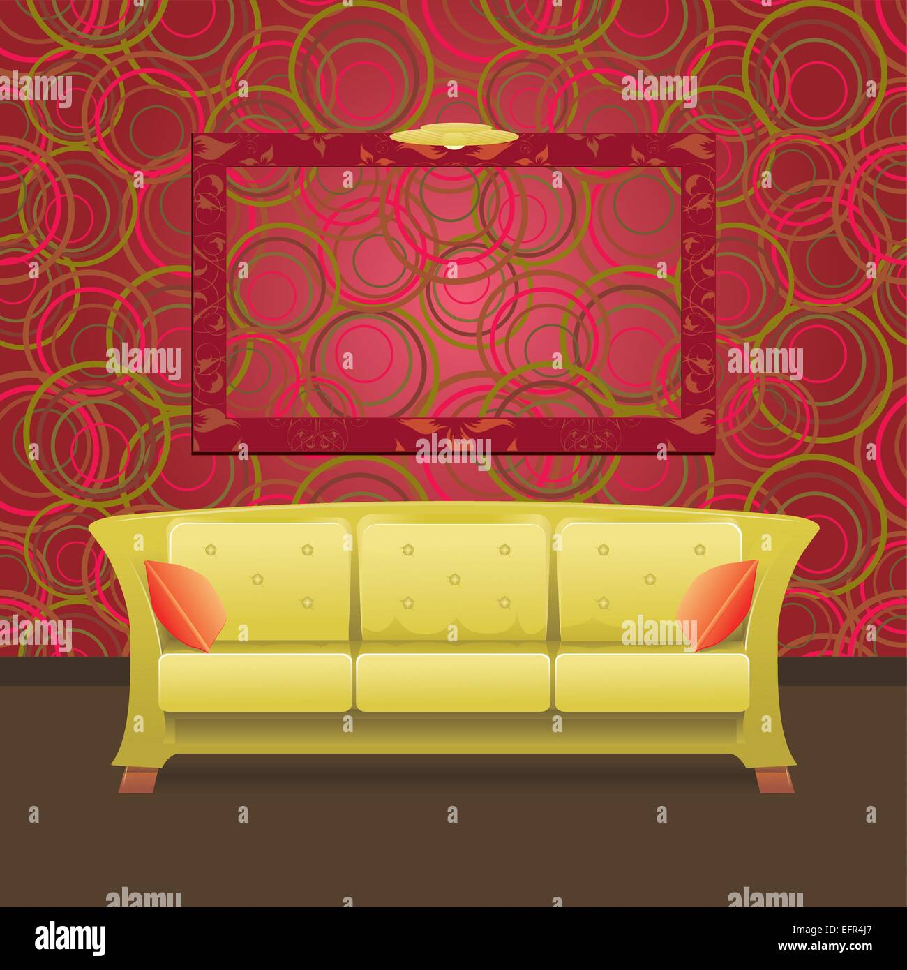 Stylish Modern interior with green sofa and blank frame on the wall, vector illustration Stock Vector