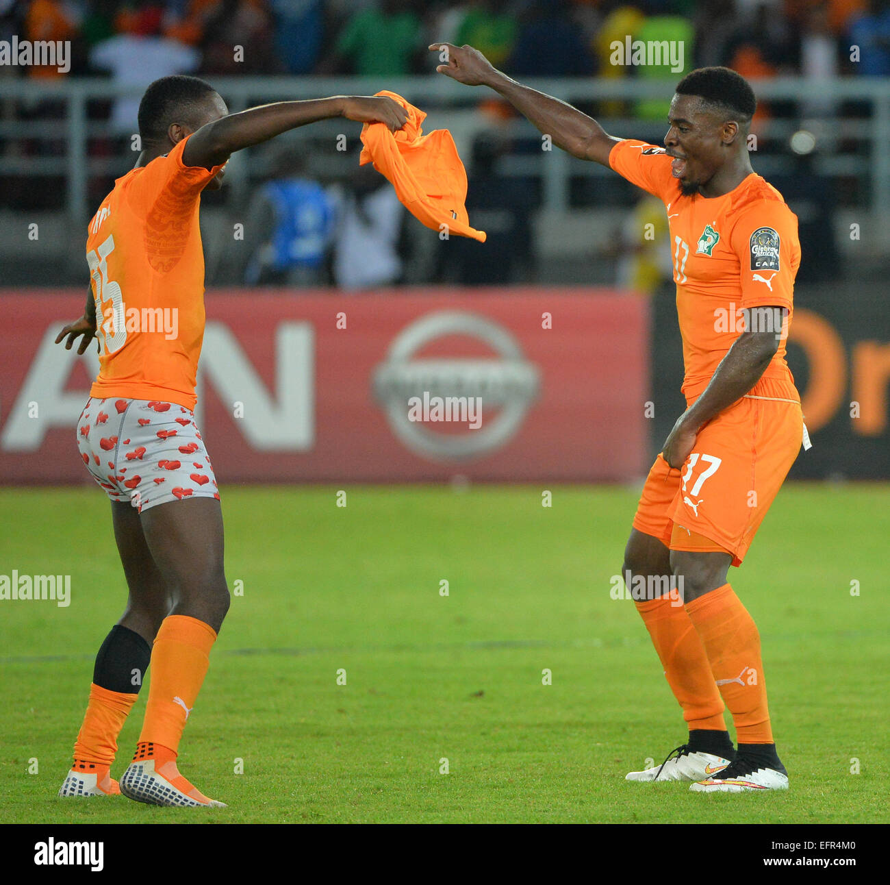 Bata, Equatorial Guinea. 08th Feb, 2015. Africa Cup of Nations Final. Celebrations from Max Alain Gradel and Serge Alain Stephane Aurier (CIV) The Ivory Coast team won the final against Ghana with a dramatic 9-8 penalty shootout victory. Credit:  Action Plus Sports/Alamy Live News Stock Photo