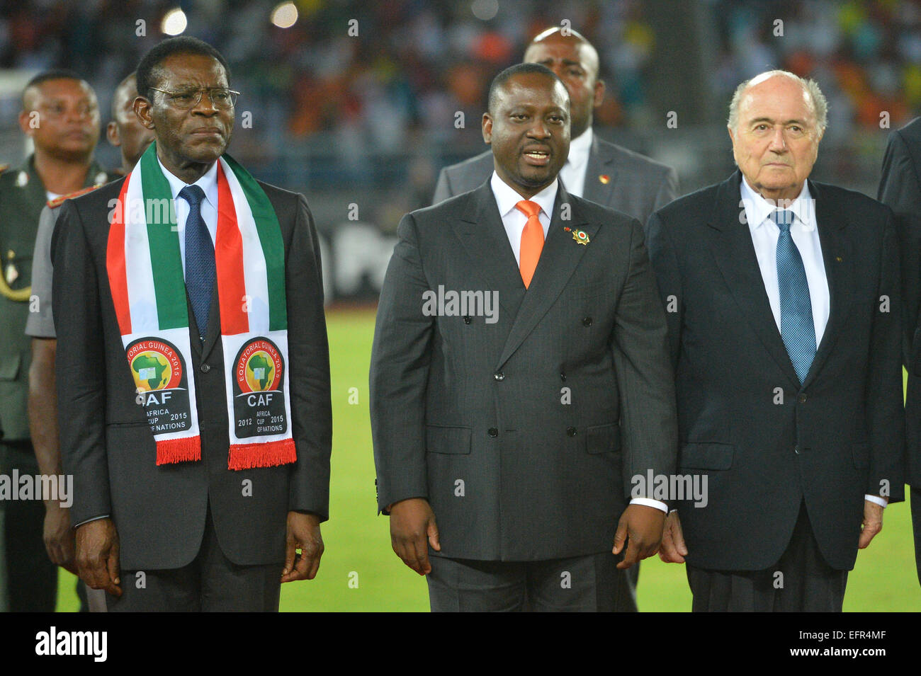 Bata, Equatorial Guinea. 08th Feb, 2015. Africa Cup of Nations Final. Teodoro Obiang Nguema Mbasogo - President Equ Guinies with Joseph Sepp Blatter of FIFA The Ivory Coast team won the final against Ghana with a dramatic 9-8 penalty shootout victory. Credit:  Action Plus Sports/Alamy Live News Stock Photo