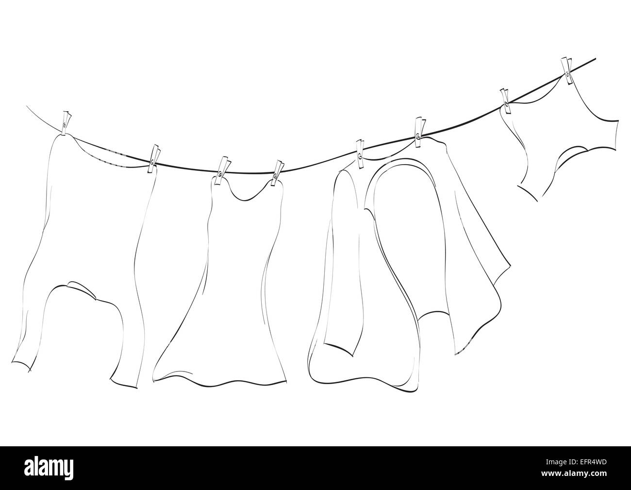 Line art of washing lines with drying clothes, vector illustration Stock Vector