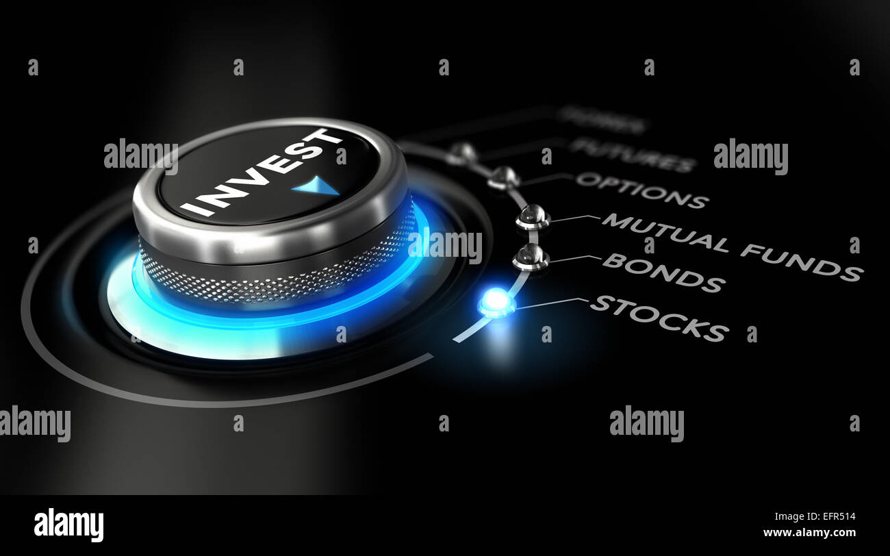 Switch button positioned on the word stock, black background and blue light. Conceptual image for illustration of investment str Stock Photo