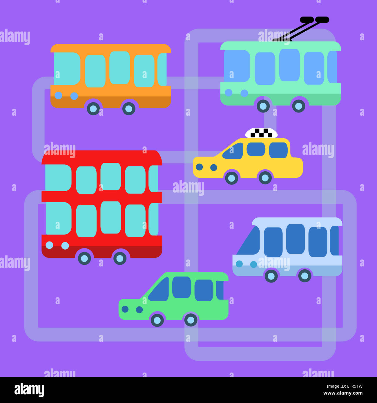 Collection urban public transport bus taxi trolley minibus Stock Photo