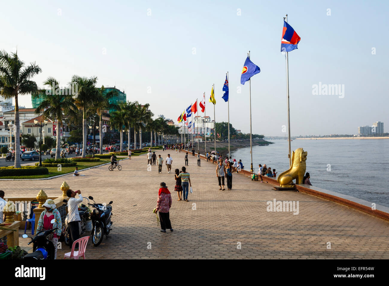 People at the riverfront promenade, Phnom Penh, Cambodia. Stock Photo