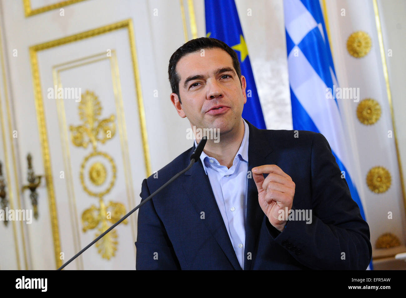 (150209) -- VIENNA, Feb. 9, 2015 (Xinhua) -- Greece's Prime Minister Alexis Tsipras attends a joint press briefing after meeting with his Austrian counterpart Chancellor Werner Faymann in Vienna, capital of Austria, on Feb. 9, 2015. Greece's newly elected Prime Minister Alexis Tsipras said on Monday he was confident of striking a deal with European partners. (Xinhua/Qian Yi) Stock Photo