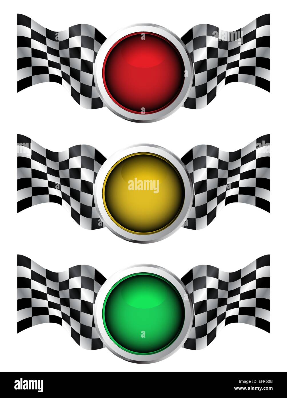 Illustration of a Digital Collage Of Red, Yellow And Green Traffic Lights With Checkered Racing Flags Stock Vector