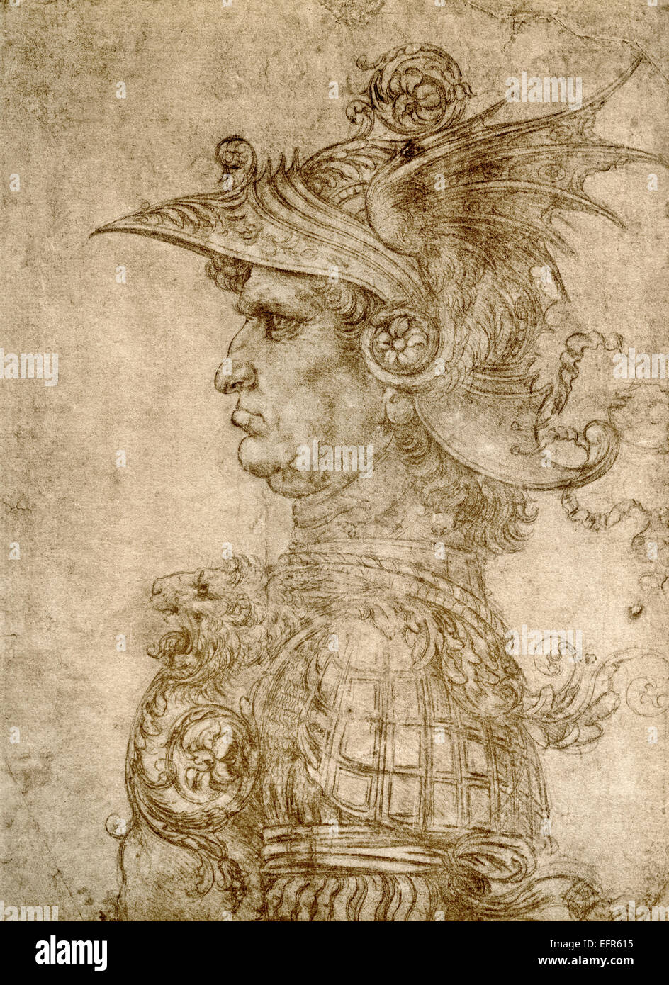 Profile of an ancient Captain, aka Condottiero, The Warlord, circa 1472, after Leonardo da Vinci, 1452-1519, drawing in silverpoint on prepared paper. Stock Photo