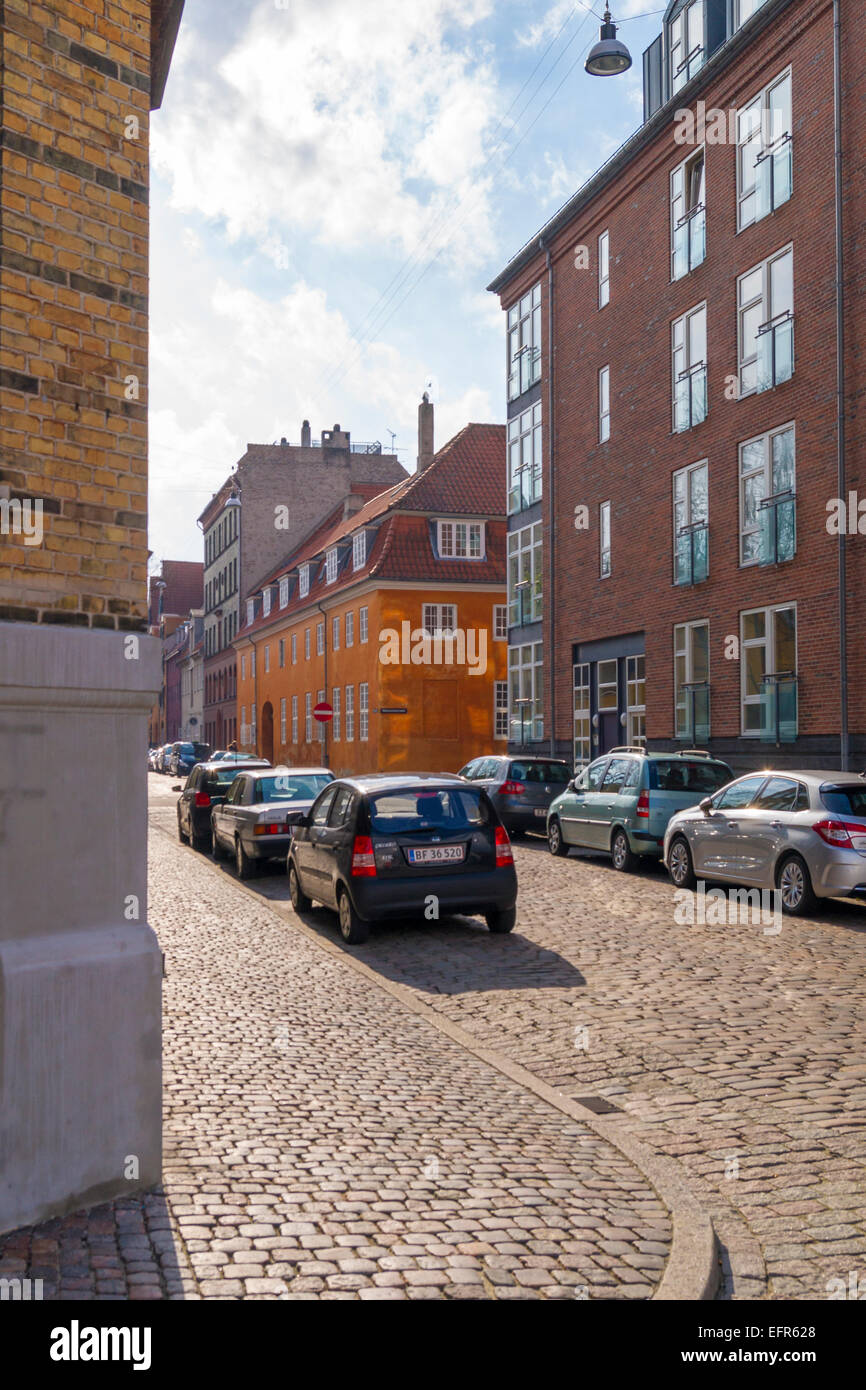 View of Wildersgade cobbled street from Christianshavns Kanal. Christianshavn, Copenhagen, Denmark Stock Photo