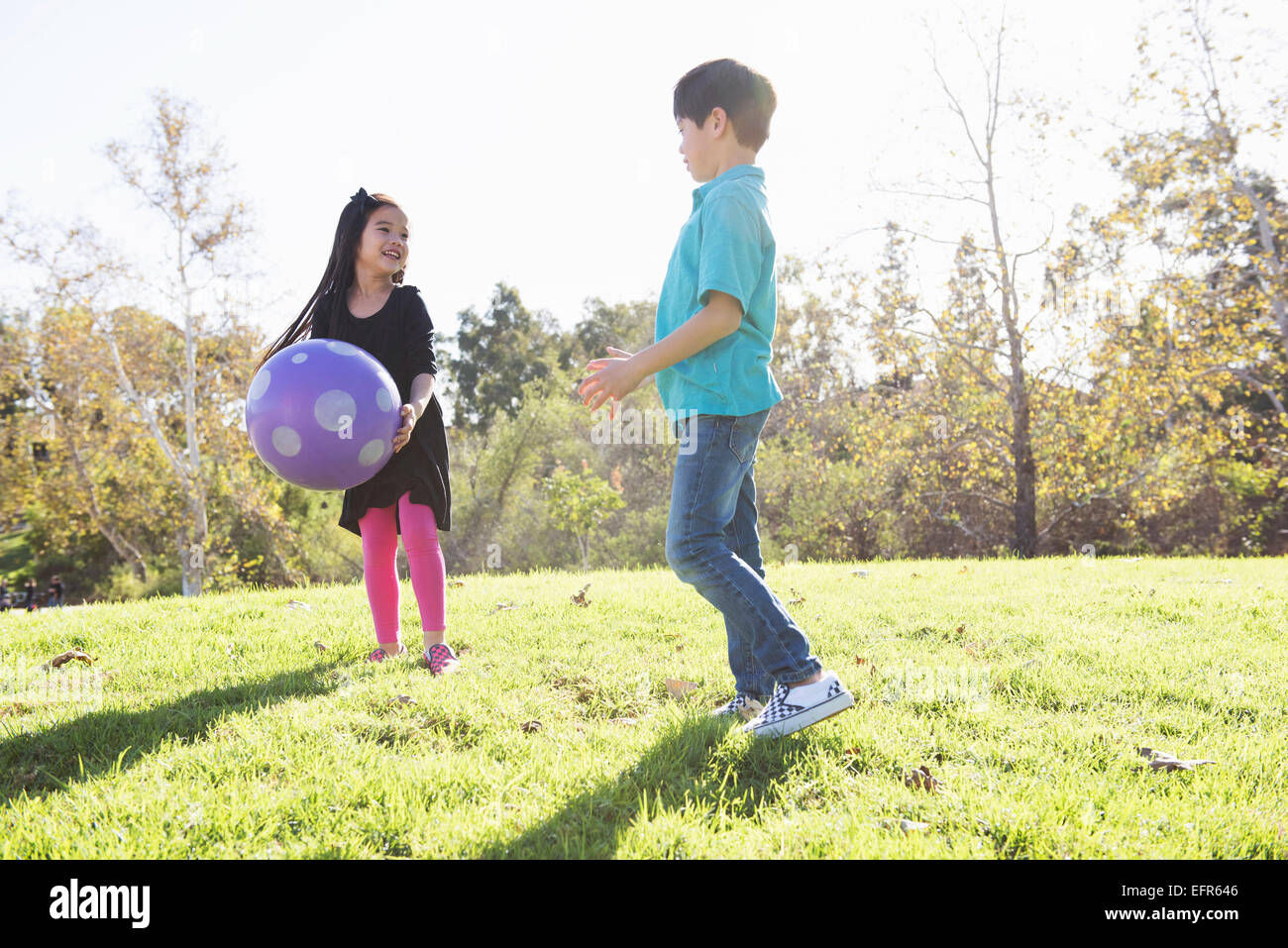 Brother and sister playing with ball in park Stock Photo - Alamy
