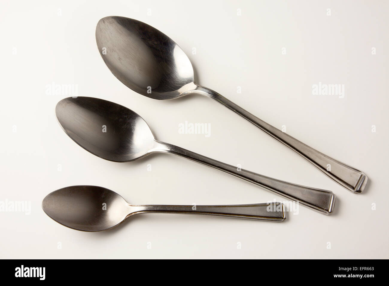 Teaspoon Desert Spoon and Tablespoon on a White Background Stock Photo