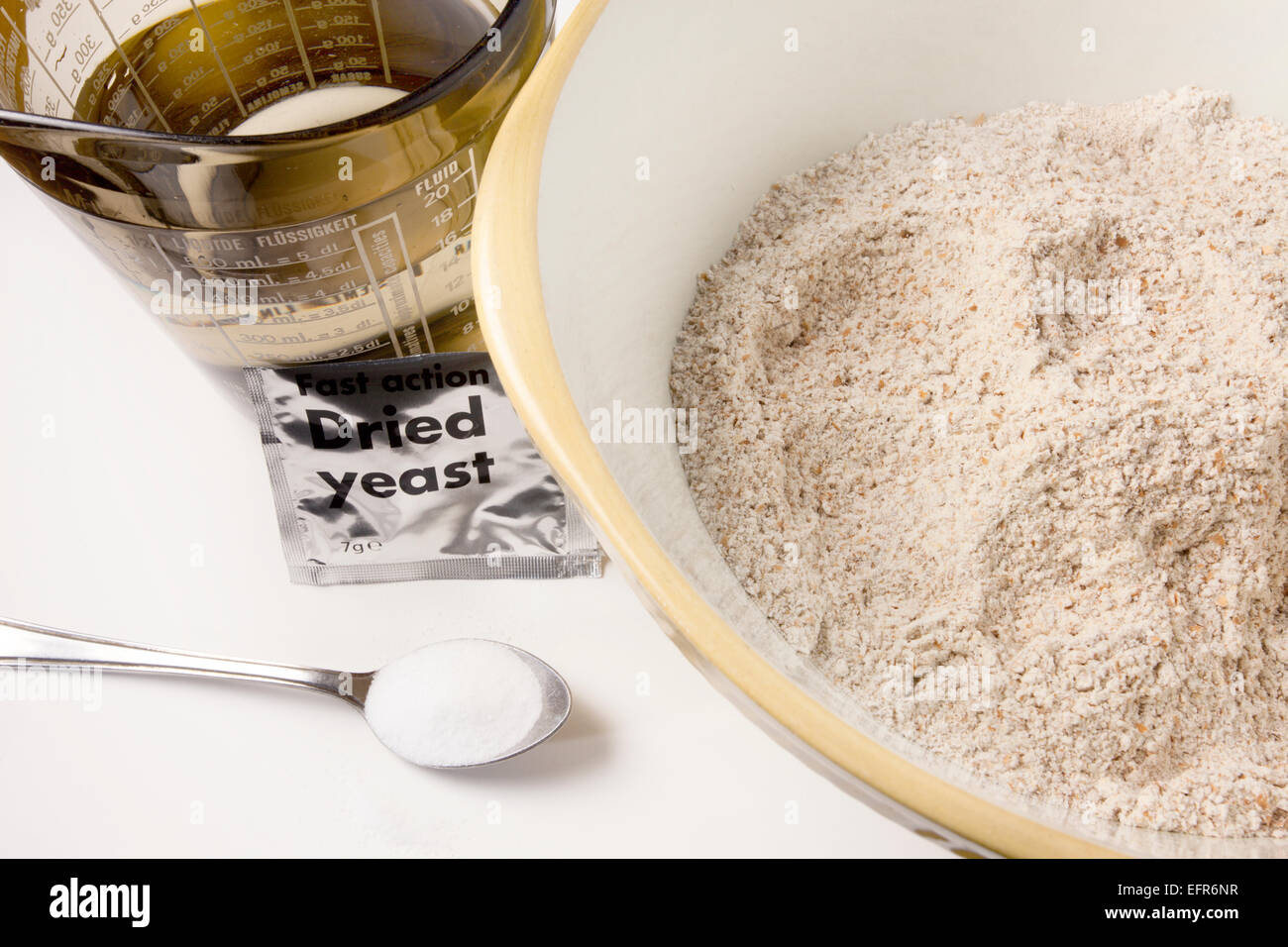 Stoneground Wholemeal Flour Water Salt and Yeast Bread Making Ingredients Stock Photo