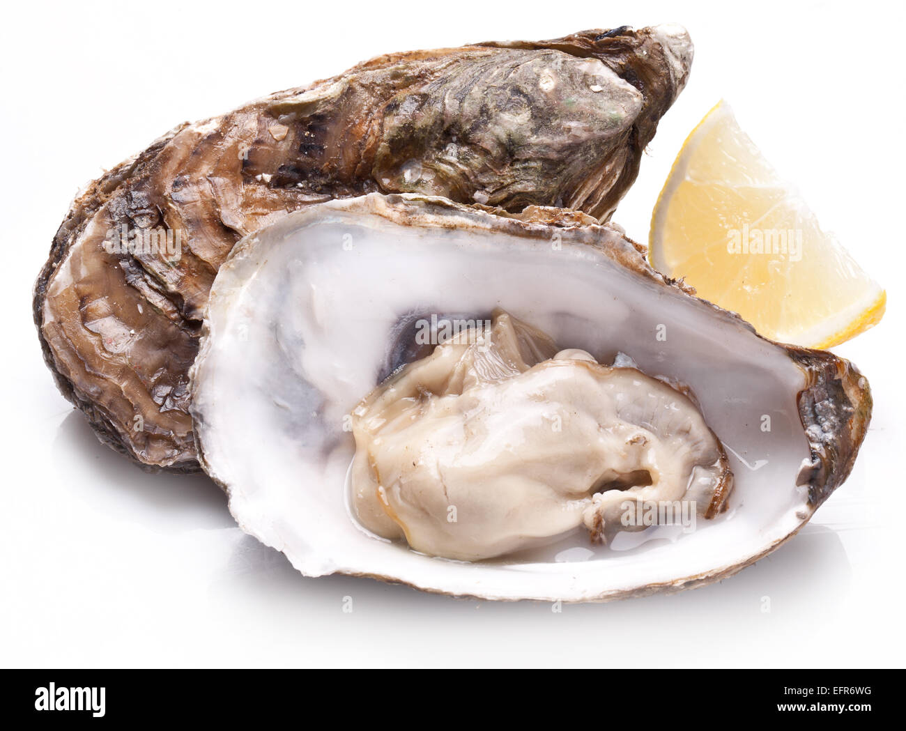 Raw oyster and lemon isolated on a whte background. Stock Photo