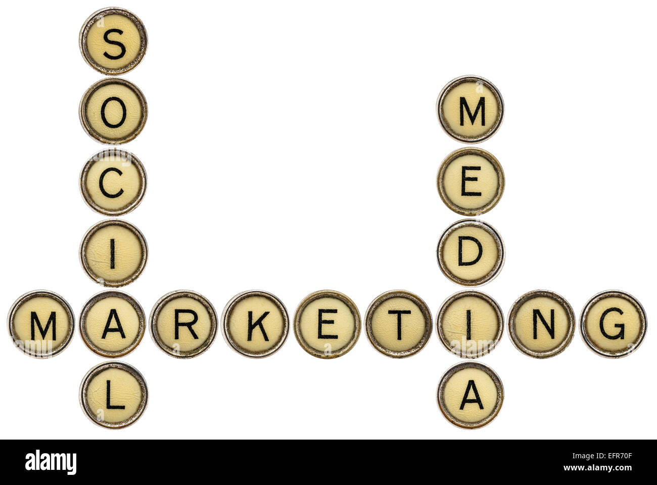 social media marketing crossword in old round typewriter keys