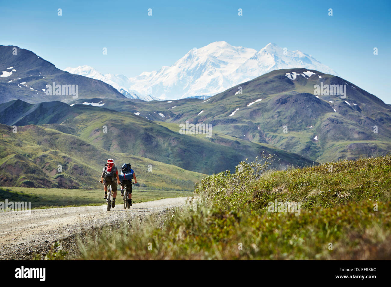 Mid adult couple cycling on rural road, Mount McKinley, Denali National Park, Alaska, USA Stock Photo