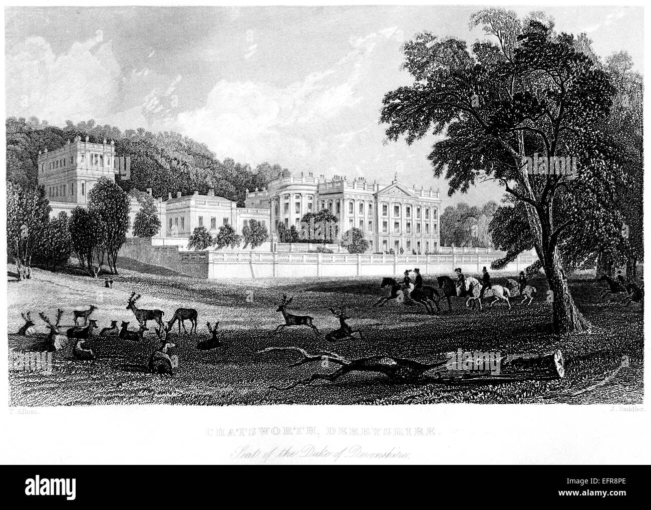 Engraving of Chatsworth, Derbyshire - Seat of the Duke of Devonshire scanned at high resolution from a book printed in 1845. Believed copyright free. Stock Photo