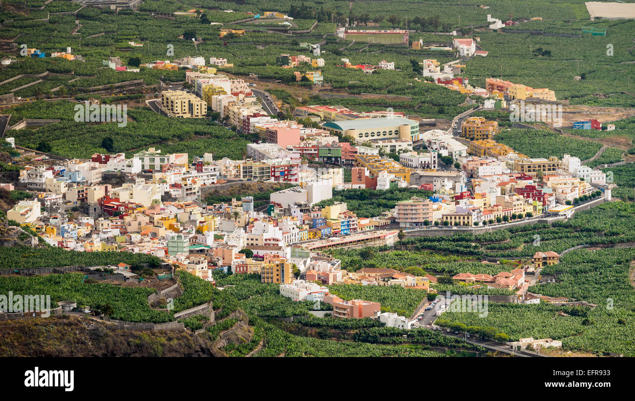 The town of Tazacorte on the Canary Island of La Palma, surrounded by banana plantations. Stock Photo