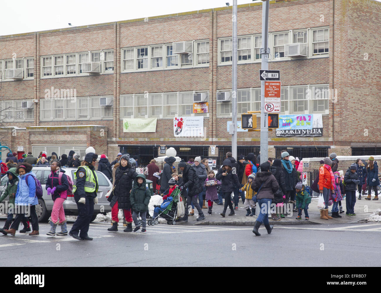 Parents and caregivers pick up children from P.S. 321 public elementary school on 7th Ave., one of the draws for families to liv Stock Photo