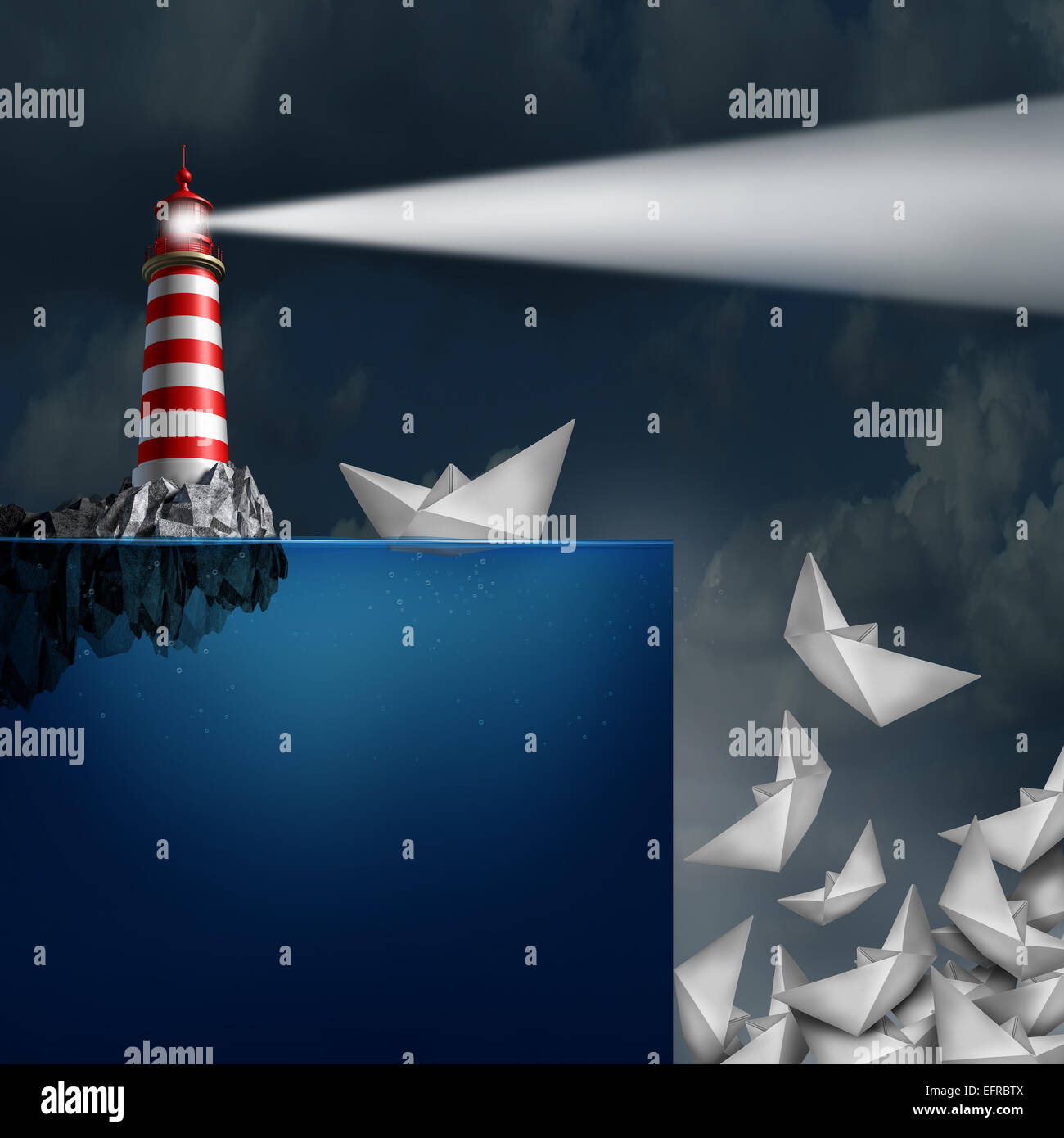 Bad advice concept as a lighthouse with a light beacon falsly guiding paper ships off a cliff as a metaphor for incompetent or fraudulent financial consultation. Stock Photo