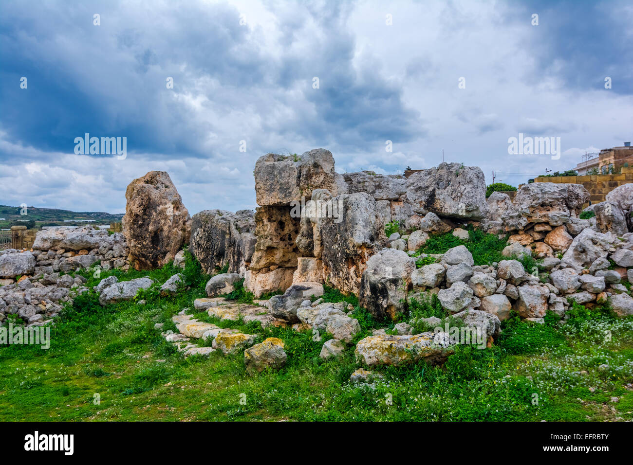 Ta Hagrat is a Maltese Prehistoric Megalithic Temple site inscribed on the UNESCO World Heritage List. Stock Photo