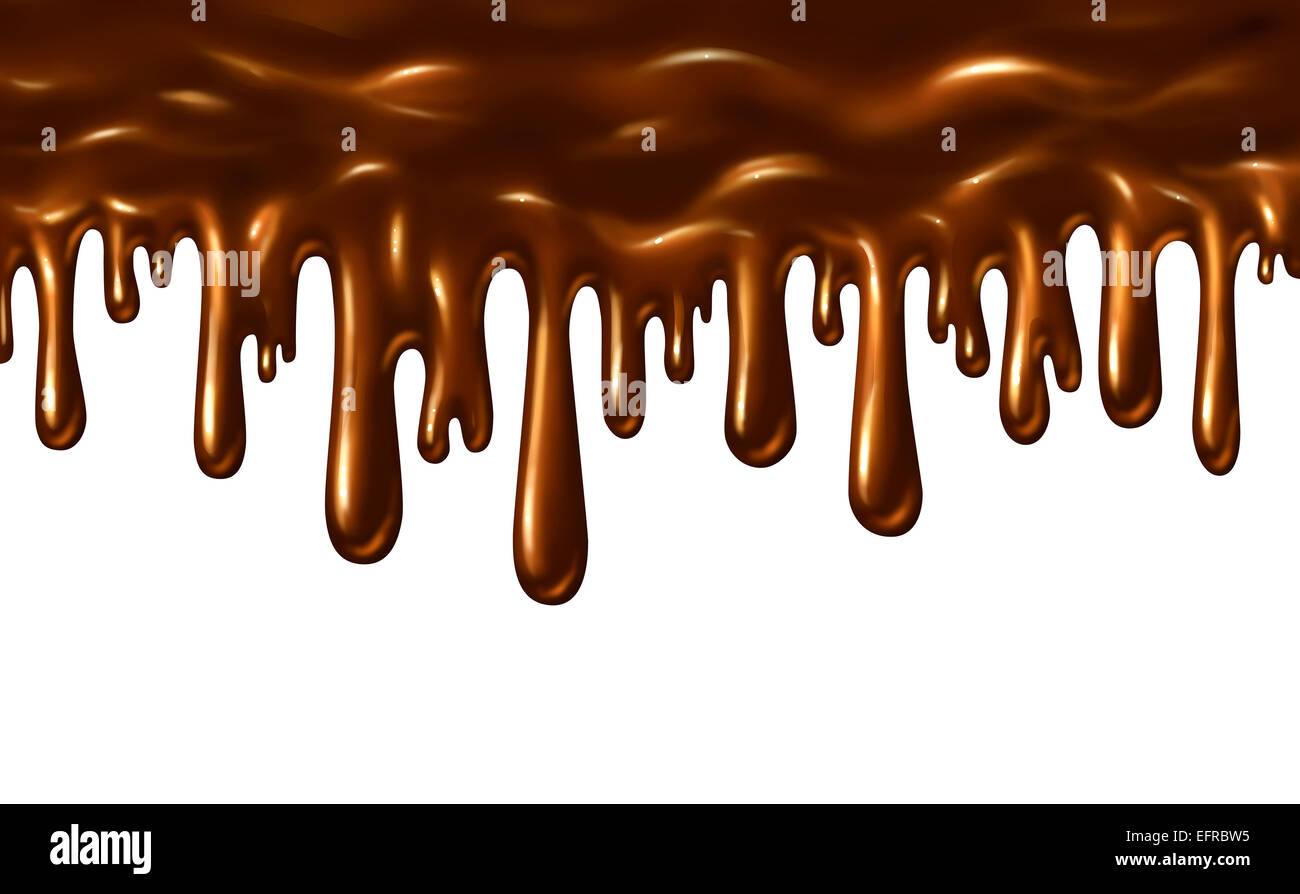 Chocolate liquid melting and pouring down with dripping sweet brown syrup isolated on a white background as a food design element symbol. Stock Photo