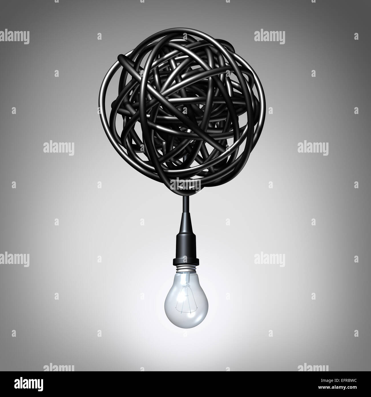 Creative advice concept as a lightbulb or light bulb hanging down from a tangled chaos of twisted electric cord as a success metaphor and creativity resolution symbol. Stock Photo