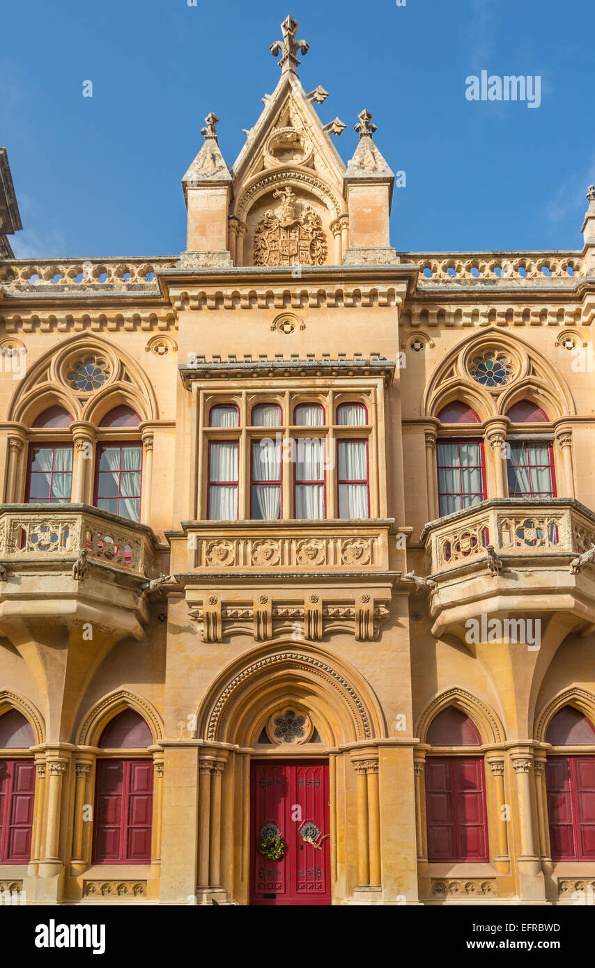 Beautiful classic Gothic architecture on a house in the old city of Mdina in Malta at Pjazza San Pawl. Stock Photo