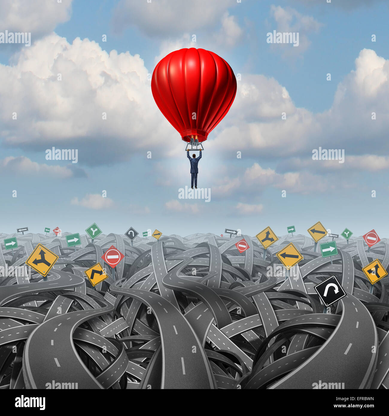 Easy way forward rise above confusion leadership concept with a businessman in a balloon flying and soaring over a complicated group of roads as a business metaphor of innovative creative thinking for success. Stock Photo