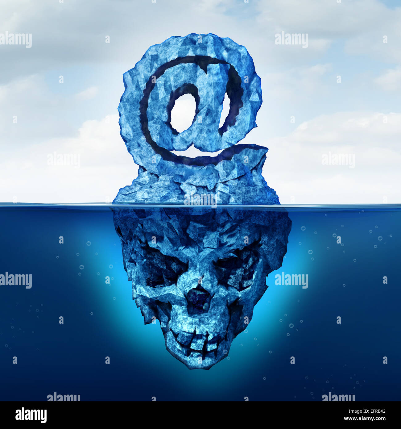 Email risk and internet communication danger as an iceberg shaped as an ampersand  e-mail symbol with a skull shape hidden under the water as a metaphor for deceptive web attack. Stock Photo