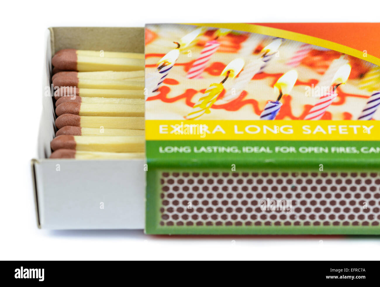 Box of matches. Open box of extra long safety matches on a white background. Stock Photo