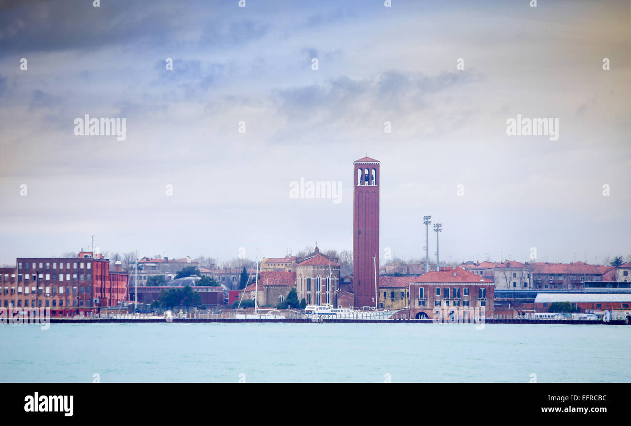 A view of the island Sant Elena with the Church of Sant Elena and ...
