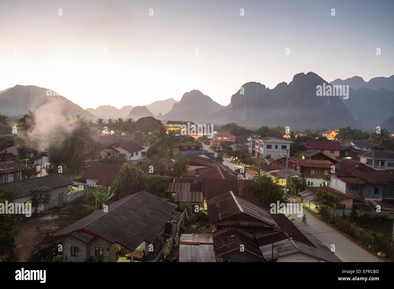 View over Vang Vieng, Laos. Stock Photo