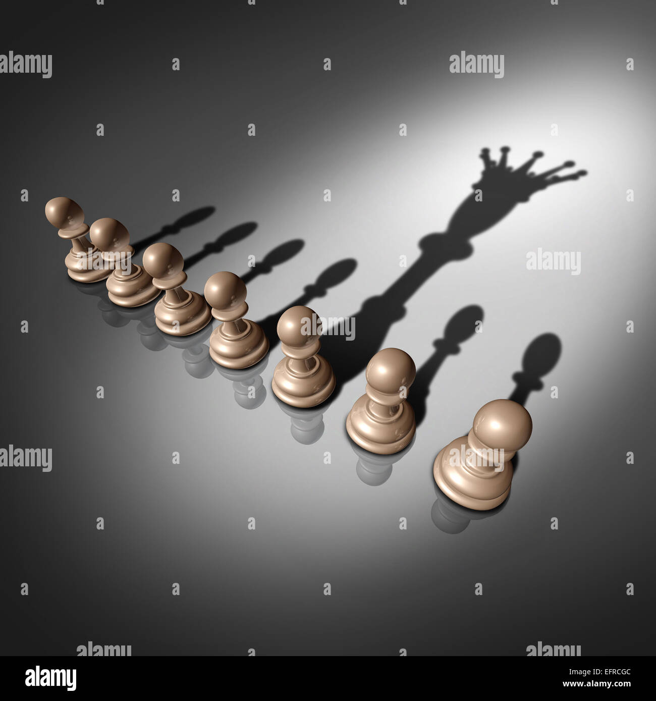 Leadership search and business recruitment concept as a group of pawn chess pieces and one individual standing out with a king crown cast shadow as a metaphor for the chosen one. Stock Photo