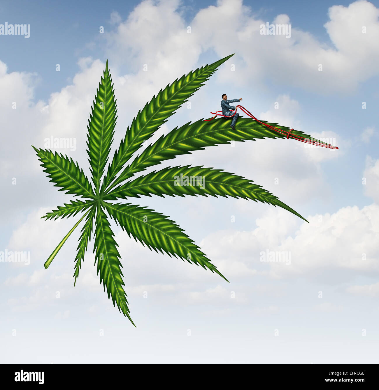 Marijuana concept and cannabis leaf flying high with a person guiding the medicinal plant as a symbol for the social issues of recreational drugs.. Stock Photo