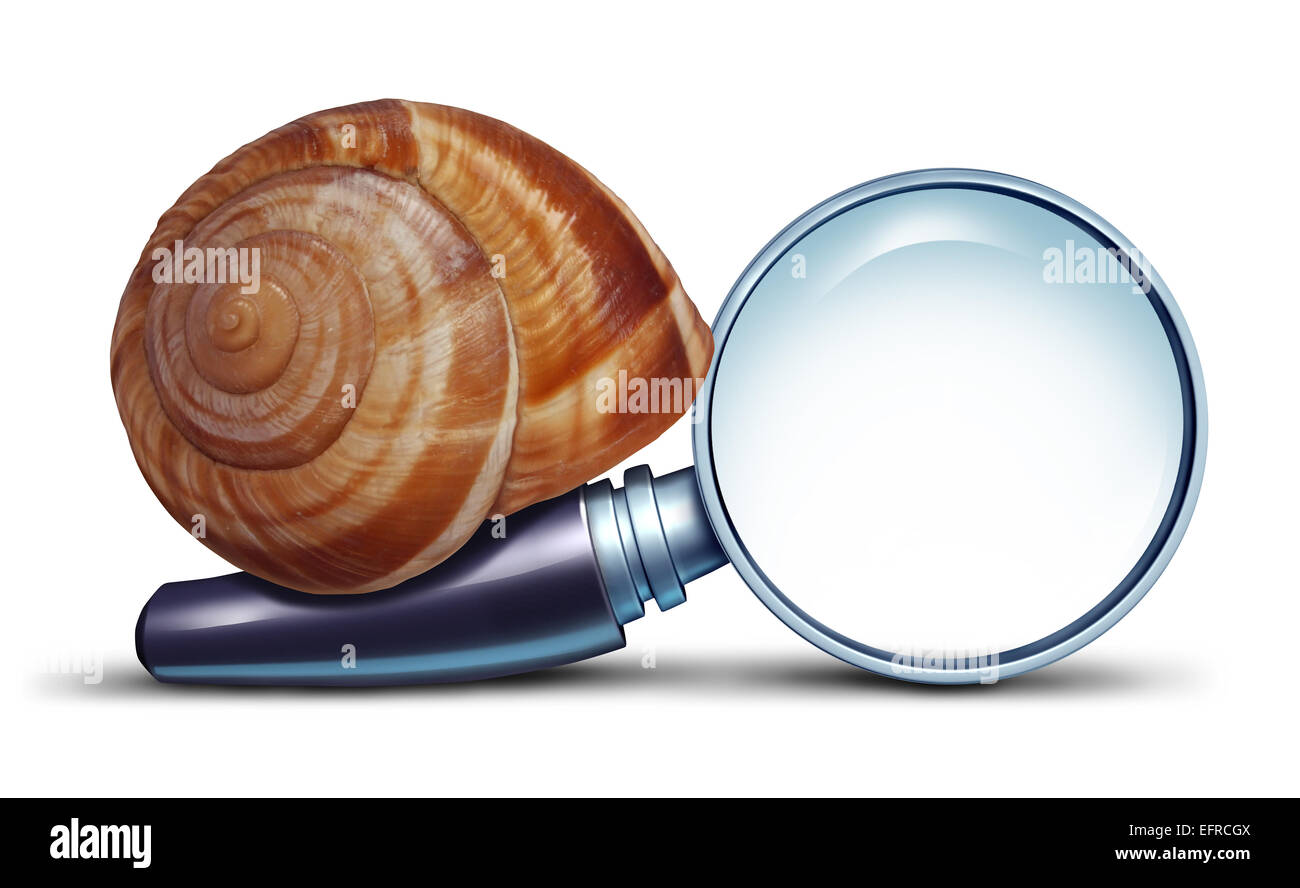 Slow search concept and problems with an internet connection for searching information with a magnifying glass metaphor shaped as a snail. Stock Photo